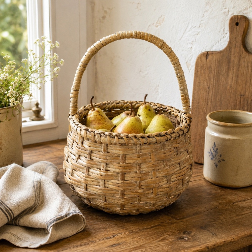 Vintage‎ Handwoven Gathering Basket Woven Wicker Market Basket Cottage Decor